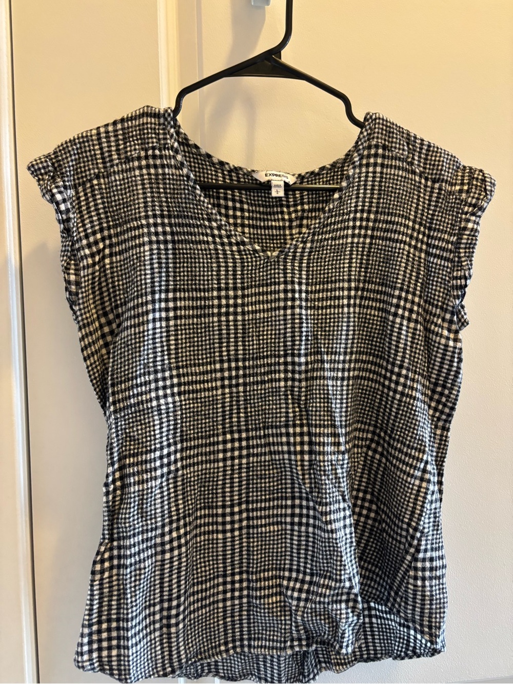 Express Black & White Plaid Cap Sleeve V-Neck Top
